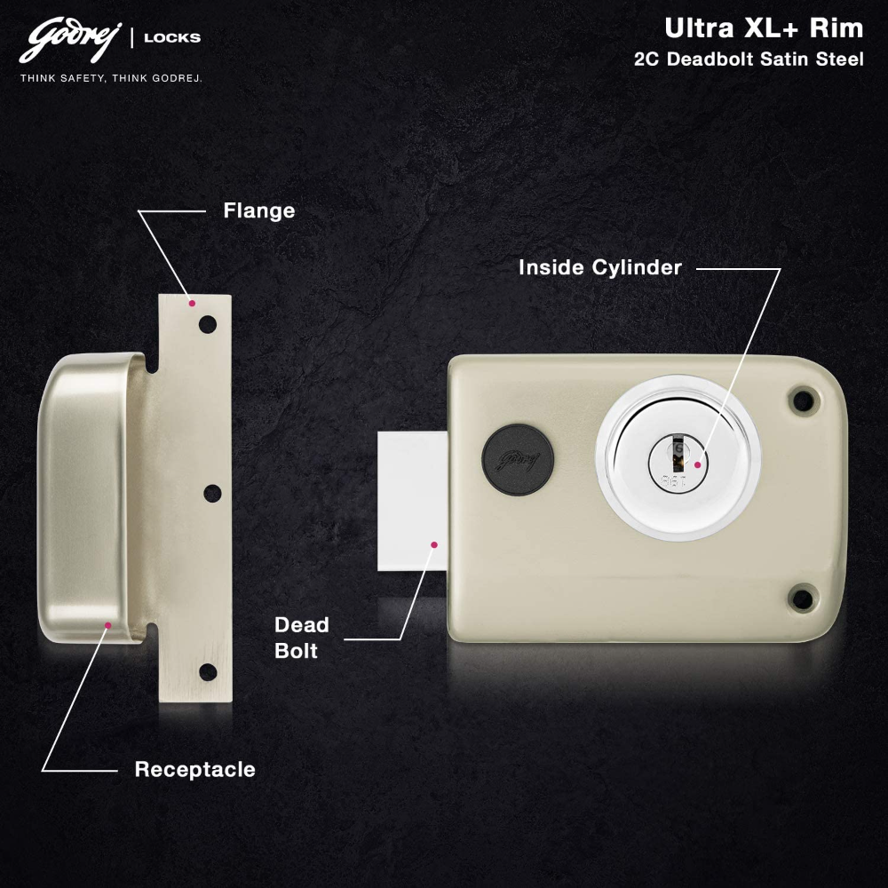 Godrej Rim Lock l 1CK Deadbolt l For Outside Opening Main  and Safety Door I For Balcony doors LeftorRight-Handed Doors l 60 mm Backset I 4 Keys l 5-Year Warranty l Satin Sliver Finish